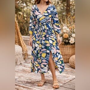 True Destinations Colorful Abstract Print Midi Dress Boho Tie Waist Size L